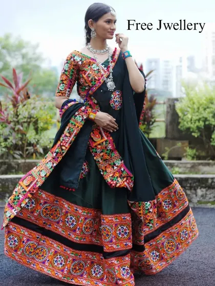 Get ready for Garba night with our designer chaniya cholis. This traditional outfit comes with intricate embroidery and a full flare for dancing, and we even provide matching oxidized jewellery to complete your look.