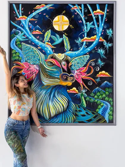 Celebrating the completion of 'The celestial grace in blue.' This large mural was an opportunity to explore my intricate, free-flowing style on a grand scale, creating a mythical creature inspired by the local landscape.