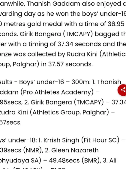 The Free Press Journal highlighting Thanish Gaddam's rewarding day, where he won the boys' under-16 300 metres gold medal.