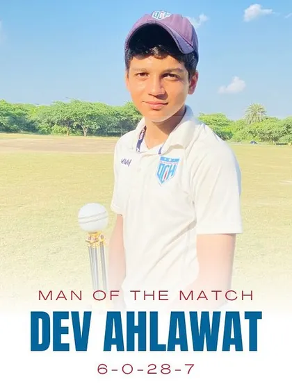 A graphic celebrating Dev Ahlawat's incredible Man of the Match performance, where he took 7 wickets for just 28 runs.