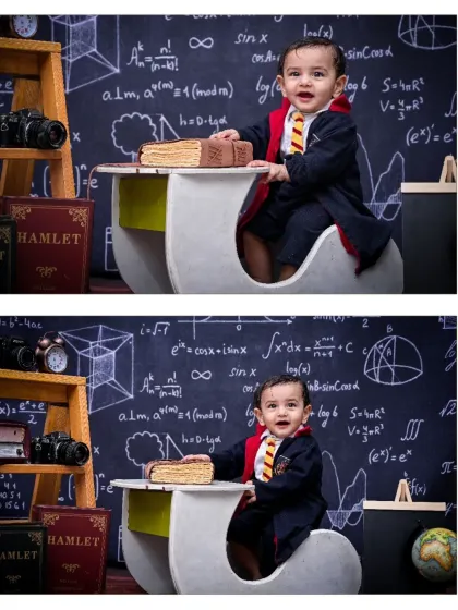 This collage captures the happy expressions of the baby wizard. Both photos show him smiling brightly at his desk, ready to learn some magic in this fun themed session.