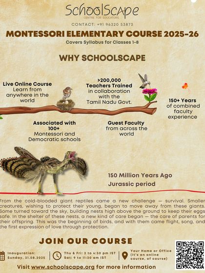 This poster for our Montessori Elementary Course (2025-26) outlines the core of our philosophy and experience. With over 200,000 teachers trained in collaboration with government programs and a faculty with 150+ years of combined experience, we offer a deep, globally-connected, and accessible online learning journey.