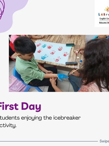 The first day of class is always full of excitement! Here, a student is enjoying an icebreaker activity where they make handprints. These activities help children feel comfortable and make new friends.