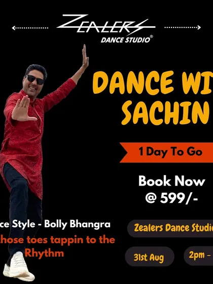 A promotional graphic for our 'Dance with Sachin' Bhangra workshop. We create a sense of excitement and urgency to encourage students to book their spots.