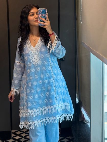 This light blue chikankari kurta set is a summer staple. I help clients find timeless pieces like this that they can wear year after year.