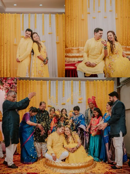 A collage of fun and emotional moments from a Haldi ceremony, including candid couple shots and family blessings.