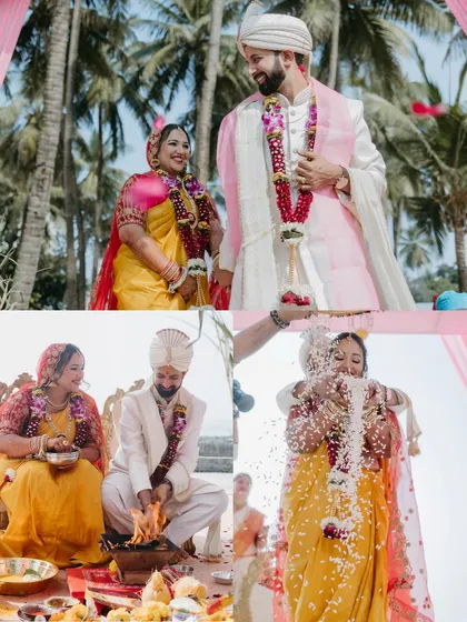 A collage of a beachside wedding ceremony, showing the couple during the pheras, varmala, and other rituals against the backdrop of the sea.