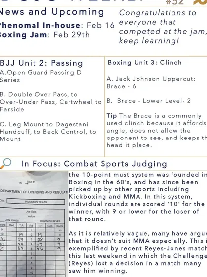 I believe in a structured approach, which is why I create the 'Dojo Weekly'. This newsletter outlines our curriculum for boxing, BJJ, and clinch work, and even breaks down concepts like combat sports judging so you're always learning.