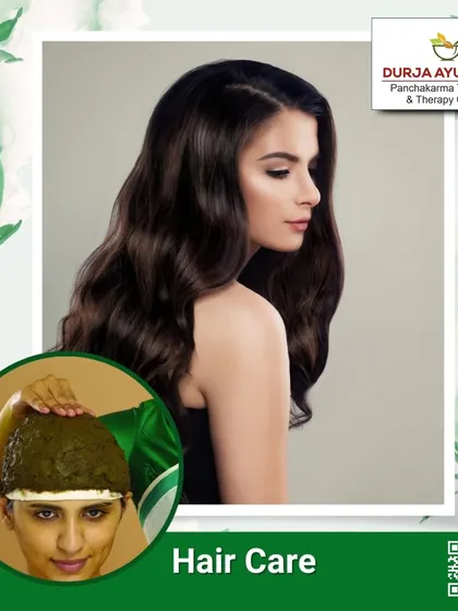 Our herbal hair packs are uniquely formulated to nourish and strengthen your hair from root to tip. This image shows the application of a 'Thalapothichil', a medicated paste applied to the head for hair and scalp health.