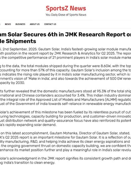 SportsZ News covered our 6th position ranking in the JMK Research Report on Module Shipments. This milestone reflects our consistent growth and dedication to enabling India's transition to clean energy.