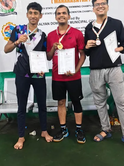 The winners' podium at the State Para Badminton Championship. Our coach Ashish stands tall with his gold medal, a true inspiration for all our students.