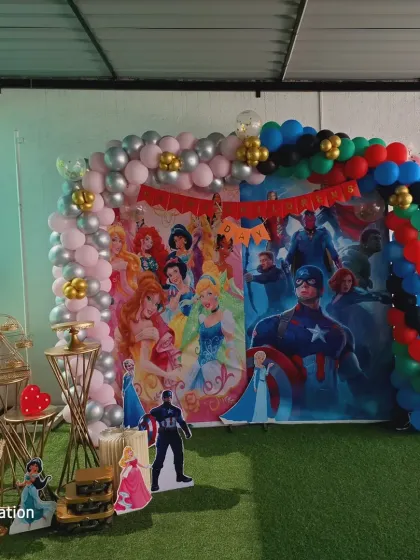 A full view of the themed backdrop and balloon decoration. I ensure the setup is balanced and vibrant, perfect for creating a festive atmosphere at a corporate family event.