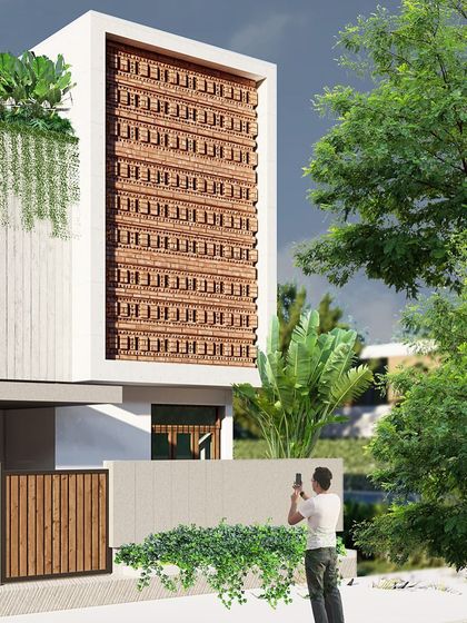 A design concept for a JP Nagar residence featuring a prominent brick jaali screen. This element provides ventilation and privacy while creating a beautiful play of light and shadow, adding a textural and traditional touch to the modern facade.