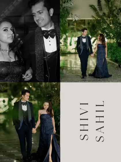 A collage of stylish portraits from a Sangeet night, showcasing the couple's elegant outfits and their deep connection.