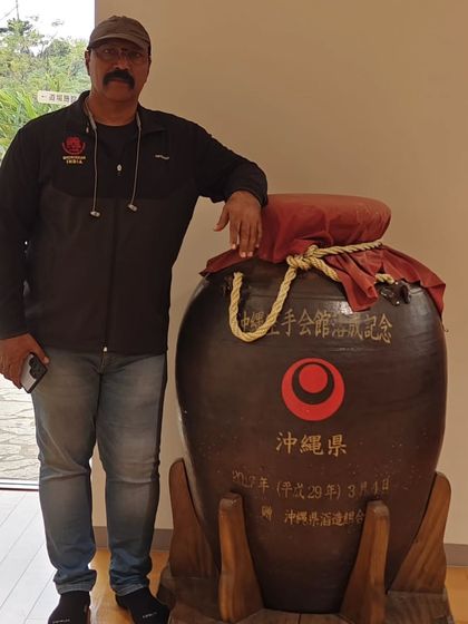 At the Karate Kaikan in Okinawa. This large urn is symbolic of the region's history and its deep connection to the martial arts.