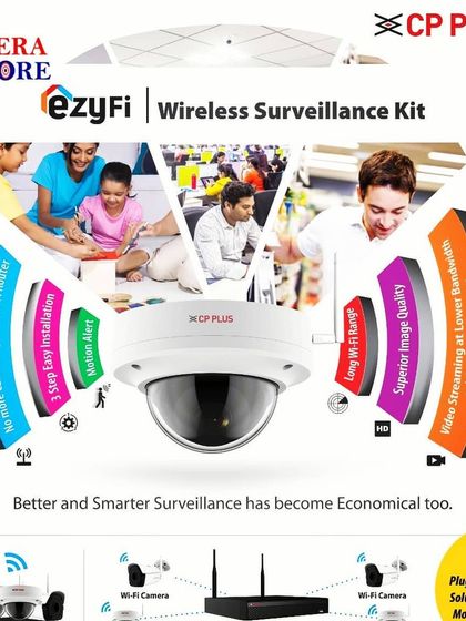 For a simple, all-in-one solution, we offer the CP Plus ezyFi Wireless Surveillance Kit. It's a plug-and-play system with no complex wiring, motion alerts, and a long Wi-Fi range for easy setup.