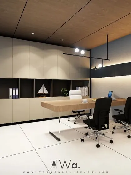 A director's office designed with a clean, minimalist aesthetic. The space features a floating wooden desk, ample concealed storage, and subtle ambient lighting to create a calm and focused work environment.