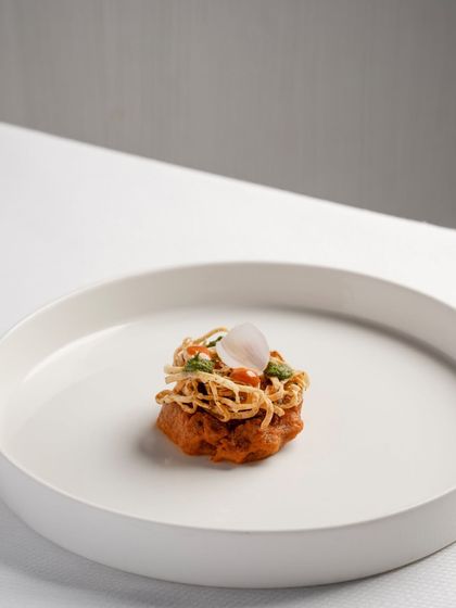 A close-up of the lamb shikampuri, showcasing the delicate, crispy kataifi wrapping and the single pickled onion petal on top. It’s a dish of intricate textures and deep flavours.