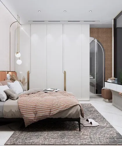 A minimalist bedroom concept featuring rich, neutral tones and subtle textures. The design uses a fluted headboard and delicate pendant lights to create a sense of understated luxury.