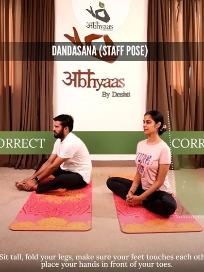 This image shows the proper way to sit in Dandasana (Staff Pose). A straight spine is the foundation for many seated postures, and we focus on getting this right from day one.