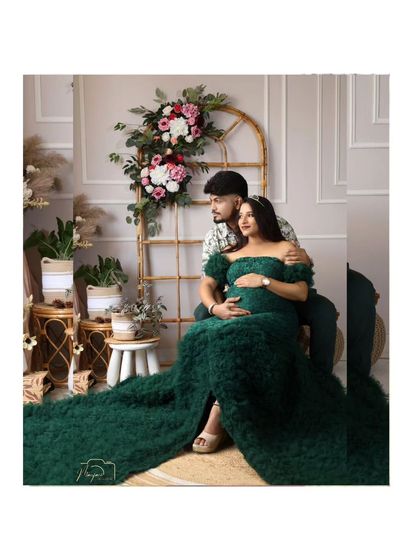 A collage showcasing a beautiful maternity session in a dark green ruffled gown, highlighting the couple's connection.