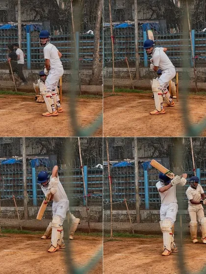 A four-frame sequence showing the complete motion of a cover drive. We break down every shot to ensure our players achieve technical perfection.