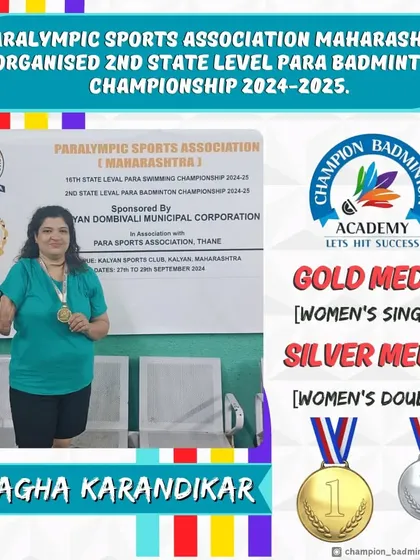 We are honored to train inspiring para-athletes like Anagha Karandikar. Her gold medal in Women's Singles and silver in Mixed Doubles at the State Level Para Badminton Championship showcases her incredible spirit and determination. Our specialized para-badminton coaching is available at our Dadar center.
