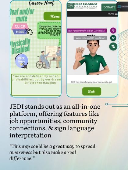 A preview of the 'JEDI' app, created by my students for the Technovation Girls competition. The app is an all-in-one platform to empower people with disabilities, featuring job opportunities and sign language interpretation.