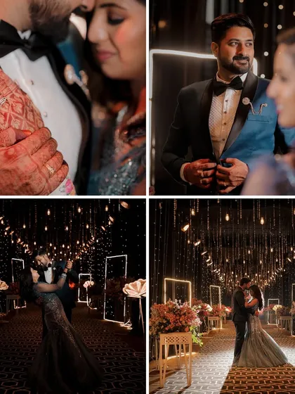 A collection of artistic and romantic shots from the Sangeet night. We used the string light decor to create a dreamy, bokeh effect, capturing both wide shots of the couple dancing and intimate close-ups.