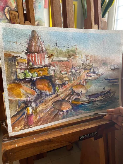 A watercolor painting of the ghats of Varanasi. The city has a vibe unlike any other, and I could happily spend my days painting the endless scenes along the river.