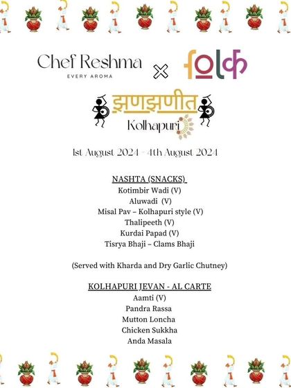 The 'Nashta' or snacks menu from my Kolhapuri pop-up. We offered everything from Kothimbir Wadi and Misal Pav to a special Tisrya Bhaji (clams curry), all served with my signature chutneys.