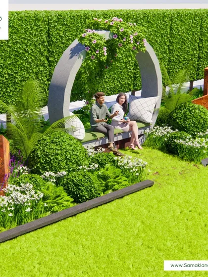 A unique, sculptural seating element serves as a focal point against a backdrop of a tall green hedge. This design shows our creativity in incorporating functional art and custom furniture into the landscape.