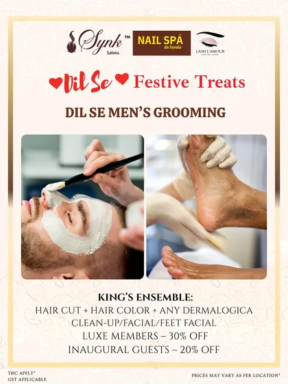 Get festive-ready with my "Dil Se Men's Grooming" package. This ensemble includes a haircut, color, and a choice of facial or feet facial, ensuring you look sharp for any occasion.