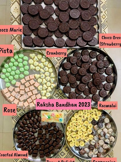 An assortment of my homemade chocolates and sweets for Raksha Bandhan. This platter includes a variety of flavors like Pista, Rose, Rasmalai, Roasted Almond, and Choco Oreo.