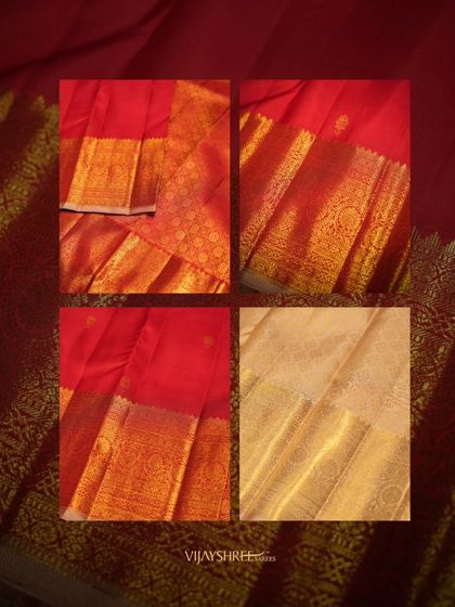 A collage detailing the different elements of the red Kanjivaram, from the body buttas to the grand border and the contrasting cream blouse piece.
