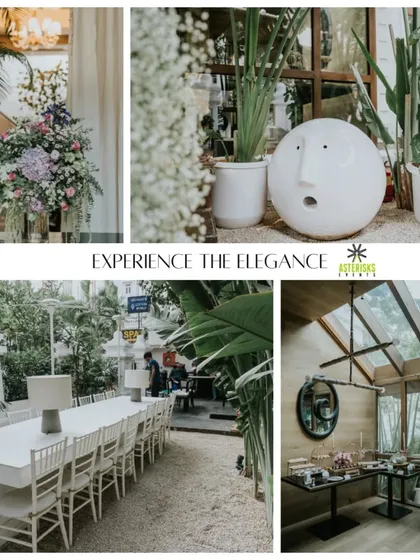 A collage showcasing the elegant and minimalist decor for an intimate gathering. We transformed the space with clean lines, lush greenery, and unique decorative pieces.