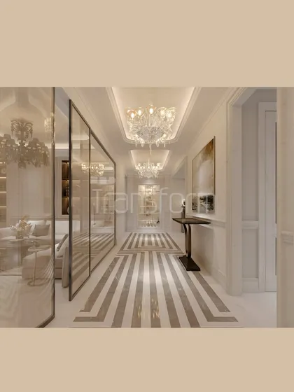 This foyer is a passage through rhythm and reflection. Bold marble lines on the floor lead the eye, while crystal chandeliers dance with light. The glass partitions create a harmony between transparency and structure.