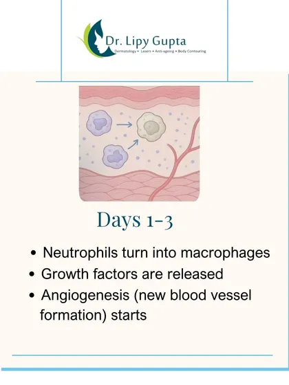 In the first 1 to 3 days, growth factors are released and new blood vessel formation begins. This is your skin's cellular cleanup crew getting to work.
