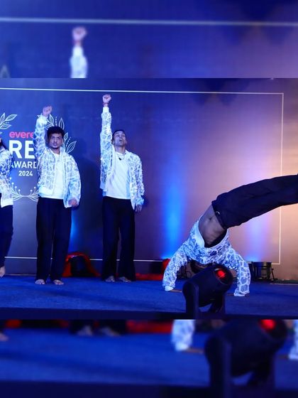 A powerful freeze frame from our hip-hop and breakdance routine. This move showcases the strength and precision of our dancers, adding an exciting, modern edge to our corporate event performances.
