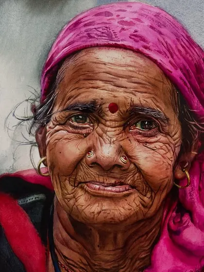 A slightly different crop of the same portrait, emphasizing the texture of the fabric and the subject's expressive eyes.