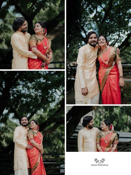 A collage of the couple's portraits under a large tree, showcasing their love in a serene, natural setting.