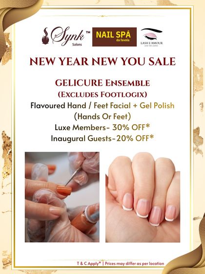 This offer for a Gelicure Ensemble highlights the pampering experience of a hand facial combined with a long-lasting gel polish manicure, as shown in the clean French manicure image.