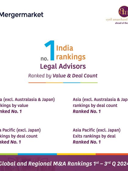 Our consistent performance in M&A is reflected in the Mergermarket rankings for the first three quarters of 2024, where we maintained our No. 1 position in India by both value and deal count.