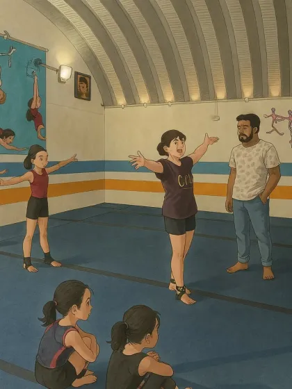 This illustration shows a coach and students during a floor routine session. It captures the joy and expression we encourage in our gymnasts.