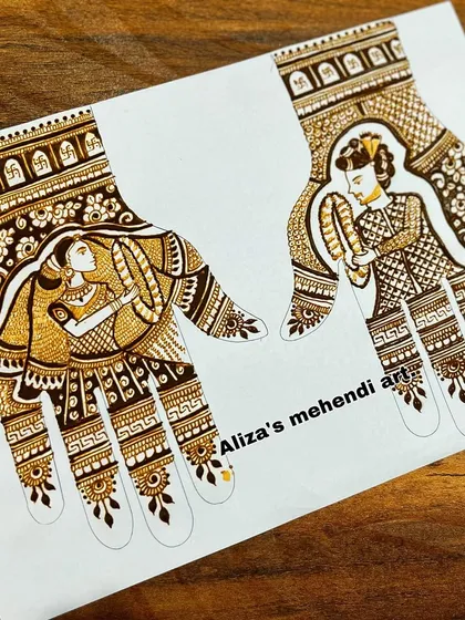 Join my upcoming online mehndi class. This image showcases a practice sheet with a beautiful Karva Chauth portrait design, giving you a glimpse of what you'll learn.