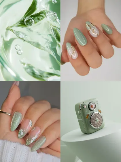 Green hues for a rainy day. This moodboard features soft, glittery green nails with floral details, capturing the feeling of fresh greenery after the rain.