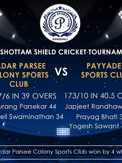 A summary of the match scorecard from the Purshottam Shield Cricket Tournament between Dadar Parsee Colony and Payyade Sports Club.