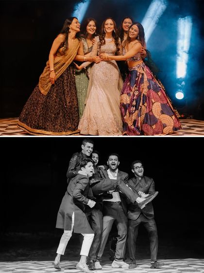 Fun on the Sangeet stage with the bride tribe and groom squad. These photos capture the playful and celebratory spirit of the evening.