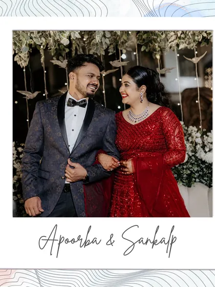A polaroid-style portrait of the happy couple at their Sangeet or Reception. Dressed in their stunning evening wear, their smiles radiate the happiness of the celebration.