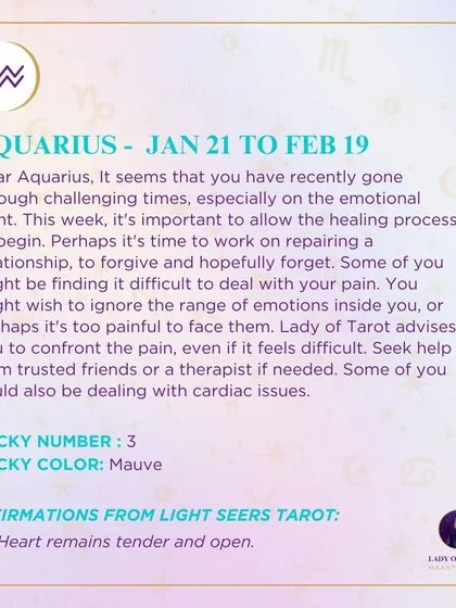 A weekly tarot forecast for Aquarius. It seems you have recently gone through challenging times. It's important to allow the healing process to begin.